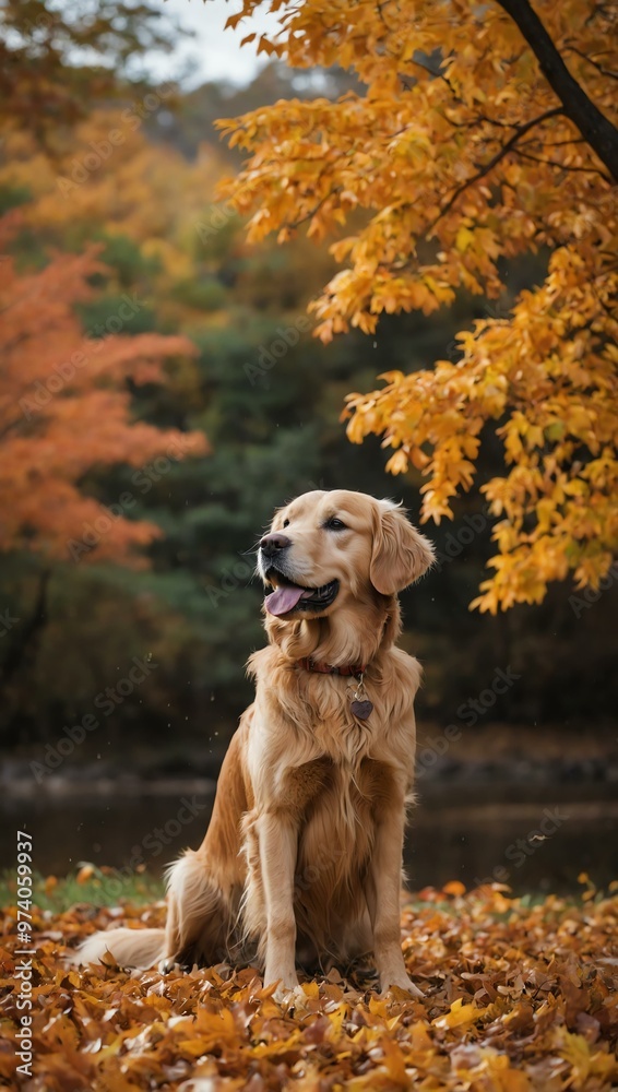 Picture of a golden retriever amidst vibrant autumn leaves. Picture of a golden retriever amidst vibrant autumn leaves.