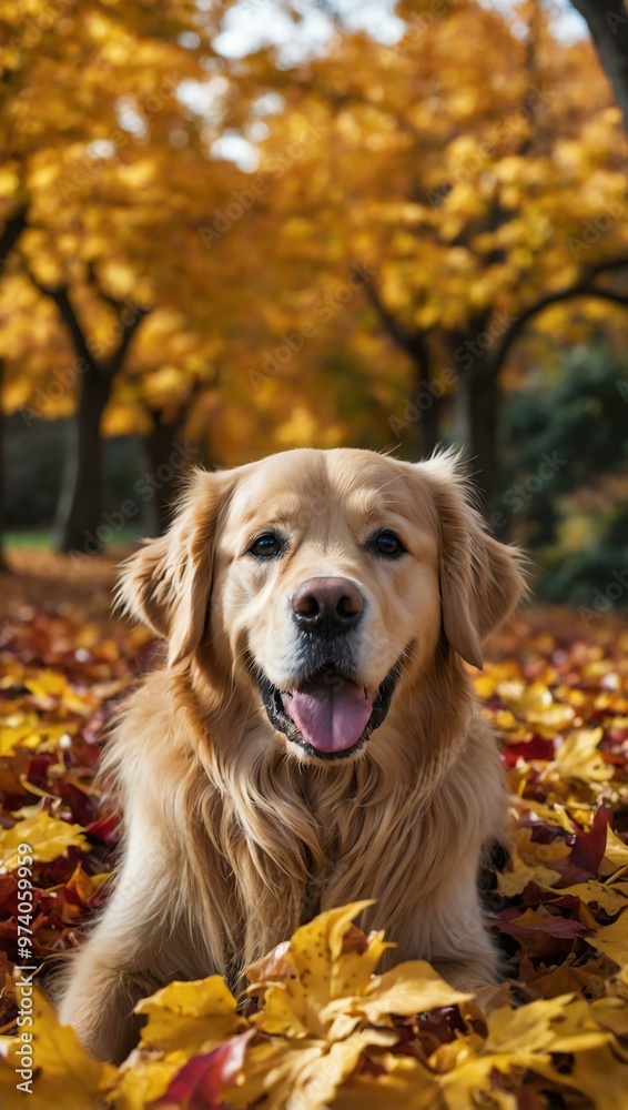 Picture of a golden retriever amidst vibrant autumn leaves. Picture of a golden retriever amidst vibrant autumn leaves.