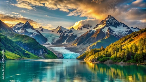 Breathtaking serene landscape of majestic glaciers, turquoise waters, and lush green mountainsides illuminated by soft