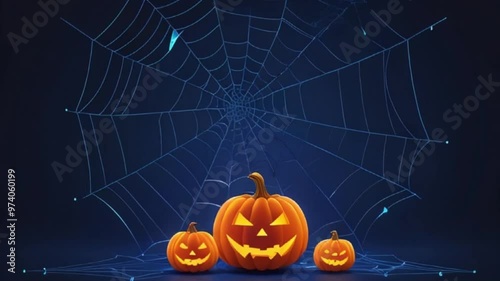 Abstract glowing Halloween spider web and low poly pumpkin on dark blue background, motion