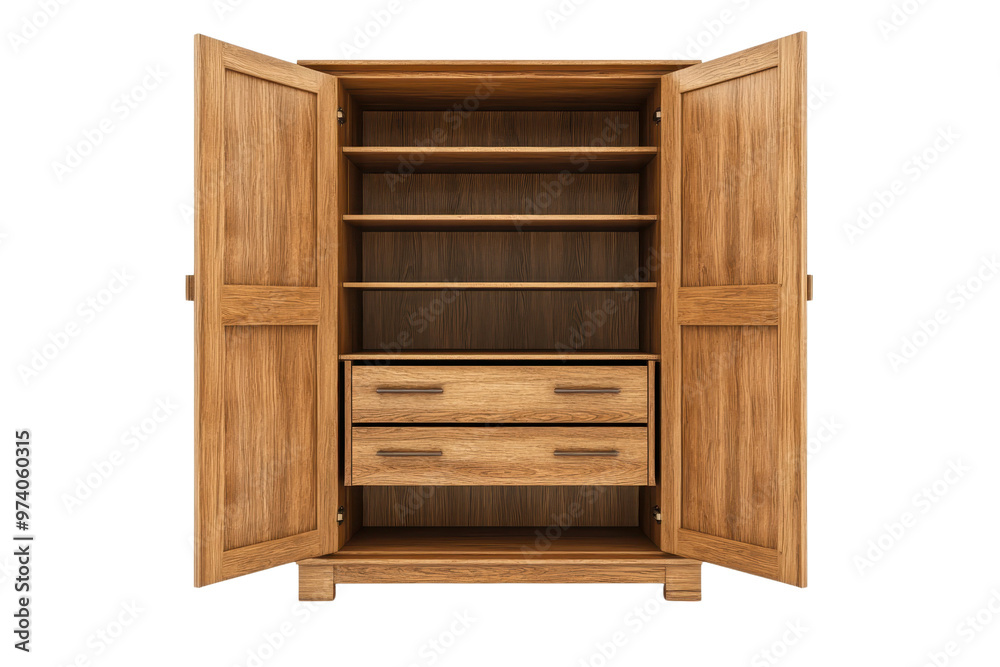 Empty wooden wardrobe with open doors showcasing interior with shelves and drawers, ready for use in a home or office setting. Empty wooden wardrobe with open doors showcasing interior with shelves and drawers, ready for use in a home or office setting.