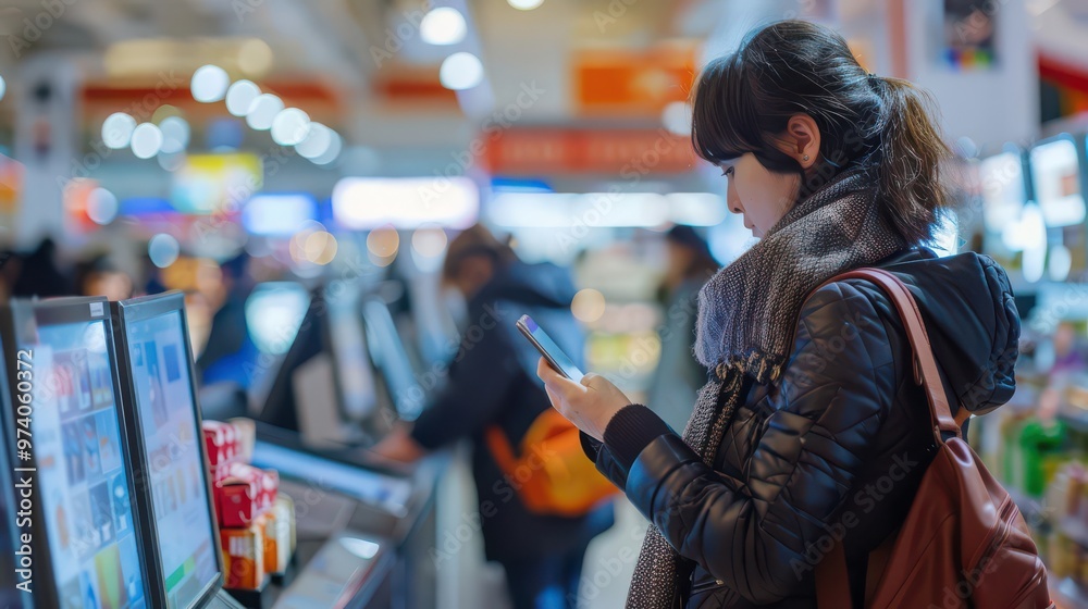 Customers scanning QR codes for mobile payments at self-checkout stations Customers scanning QR codes for mobile payments at self-checkout stations