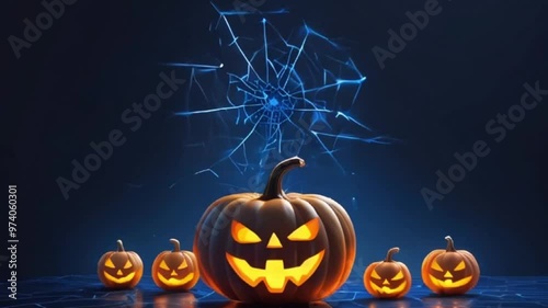 Abstract glowing Halloween spider webs and low poly pumpkin on dark blue background, motion