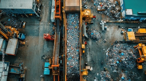 Industrial waste management facility sorting mixed recyclable materials conveyor belts vibrant machinery clean environment optimized for efficiency aerial view