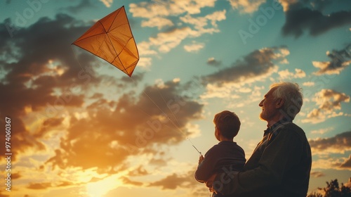 Fototapeta Naklejka Na Ścianę i Meble -  Grandfather and Grandson Flying a Kite at Sunset