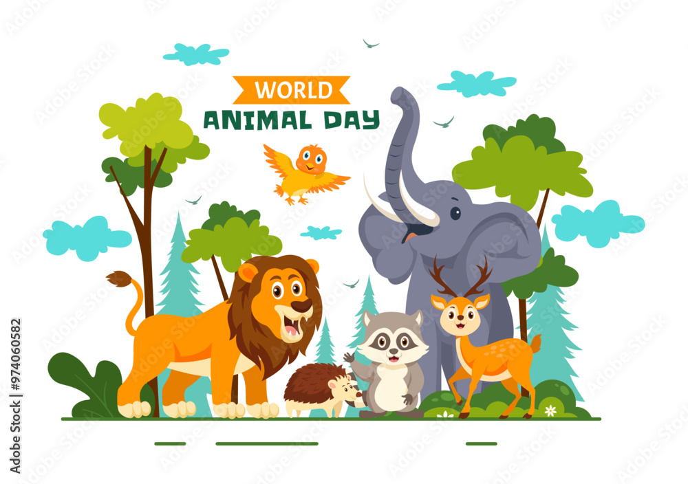 Fototapeta premium World Animal Day Vector Illustration with a Variety of Animals or Wildlife in the Natural Habitat to Forest Protection and Environmental Awareness