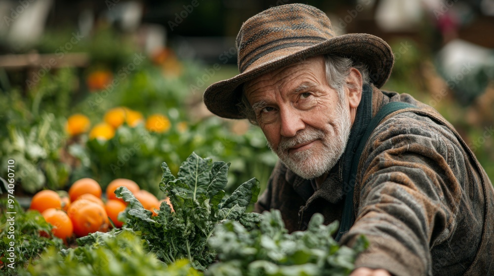 Senior Man Farmer in Garden with Fresh Produce Senior Man Farmer in Garden with Fresh Produce