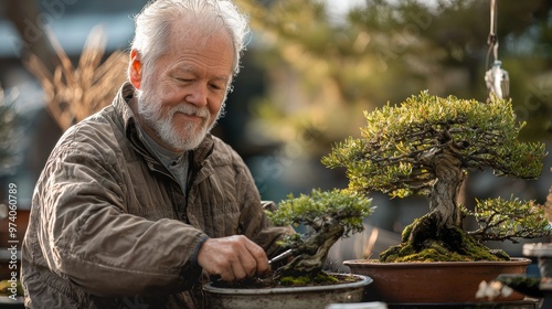 Senior Man Caring for Bonsai Tree in Garden