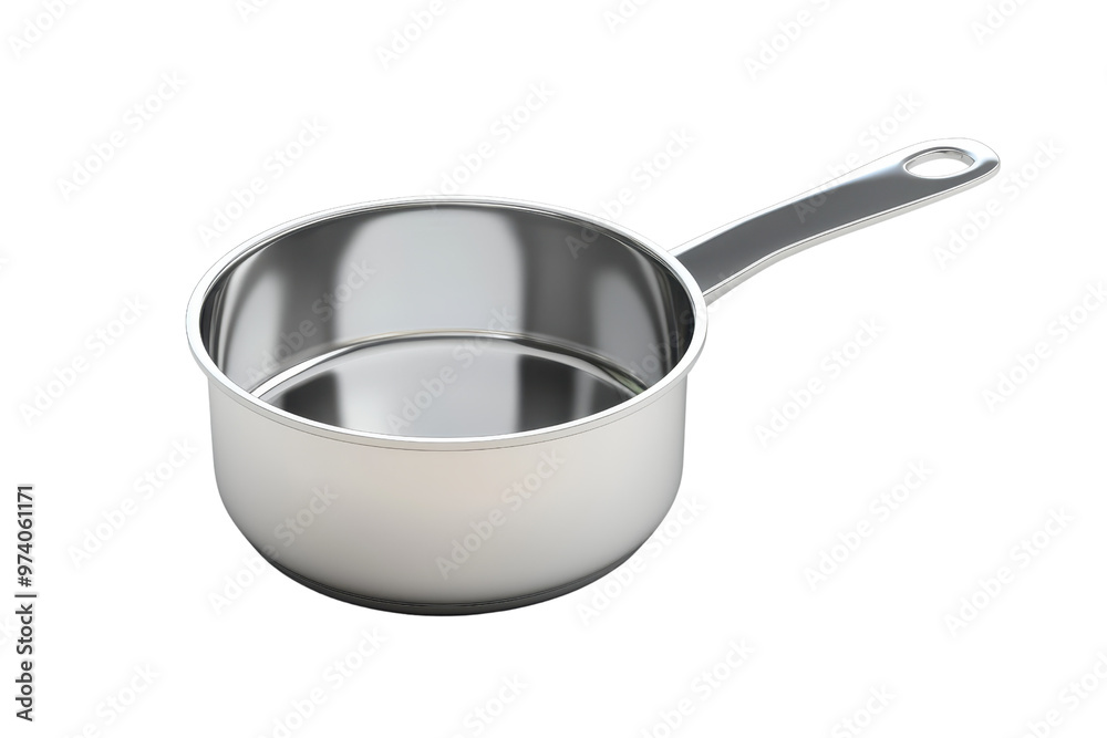 High-quality stainless steel saucepan with a long handle. Ideal for cooking and kitchen use. Isolated on a transparent background.