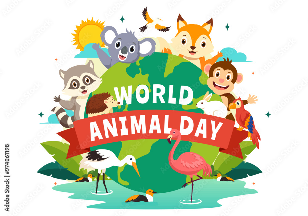 Fototapeta premium World Animal Day Vector Illustration with a Variety of Animals or Wildlife in the Natural Habitat to Forest Protection and Environmental Awareness