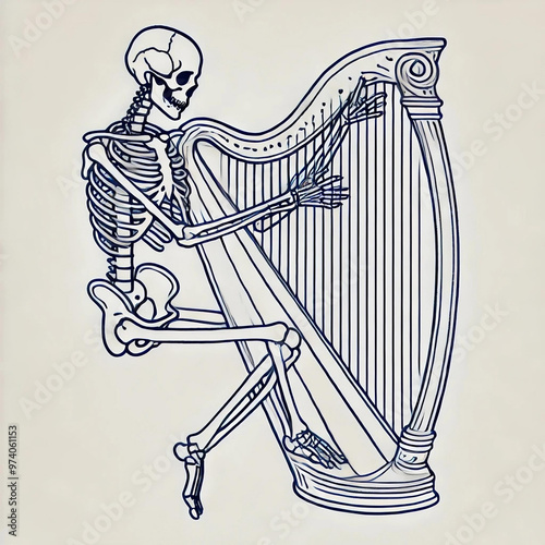 Skeleton Playing Harp Black and White Illustration
 photo