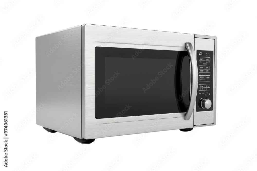 High-resolution image of a modern stainless steel microwave with digital controls, perfect for kitchen appliance needs and culinary projects. High-resolution image of a modern stainless steel microwave with digital controls, perfect for kitchen appliance needs and culinary projects.
