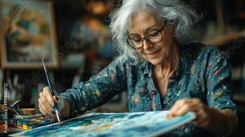Senior Woman Painting Watercolor Artwork in Studio