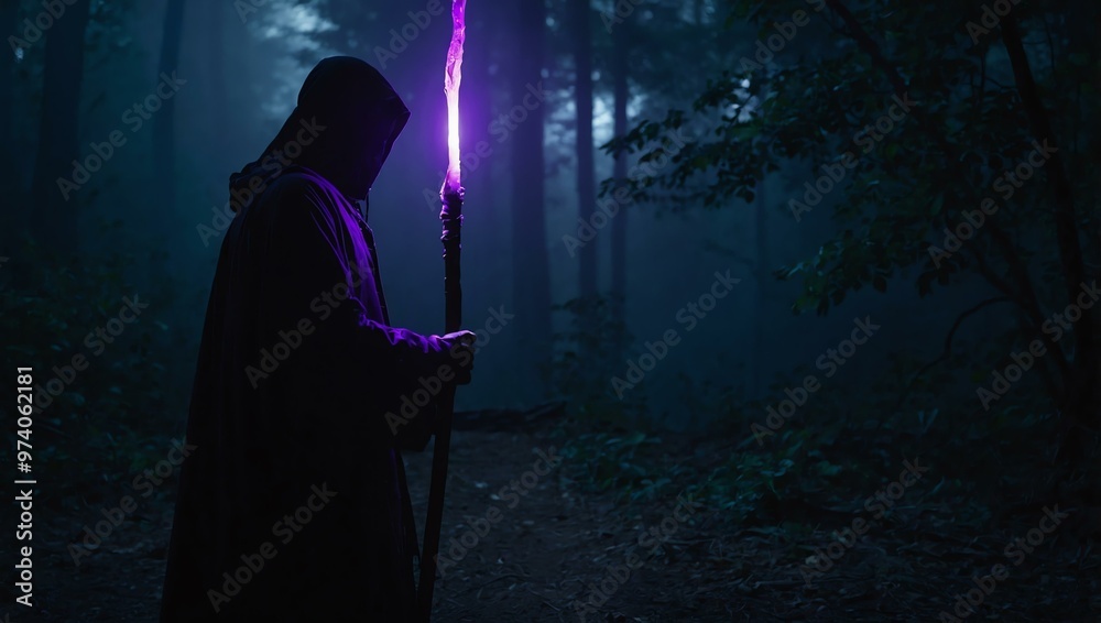 Shadowy figure with a glowing purple staff Shadowy figure with a glowing purple staff