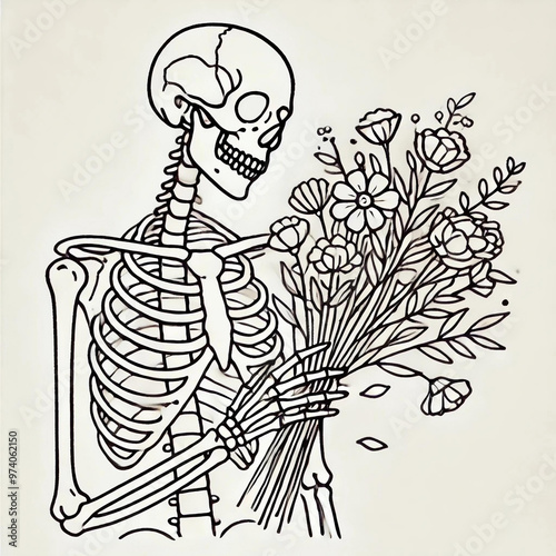 Skeleton Holding Bouquet of Flowers Illustration
