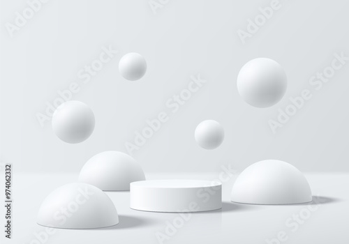 Realistic white 3D cylindrical podium background with floating bubbles or bounce ball scene. Minimalist mockup pedestal, abstract product display presentation, Stage showcase. Platforms vector design.