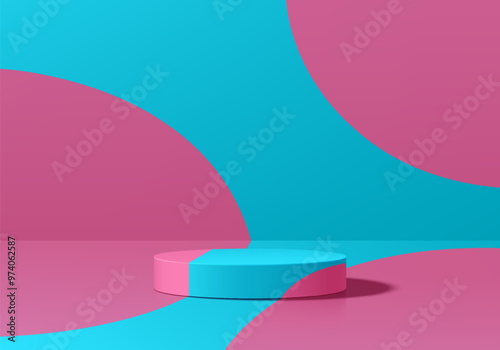 Realistic blue and pink 3D cylindrical pedestal podium background with polka dot wall scene. Minimalist mockup pedestal, Abstract product display presentation, Stage showcase. Platforms vector design.