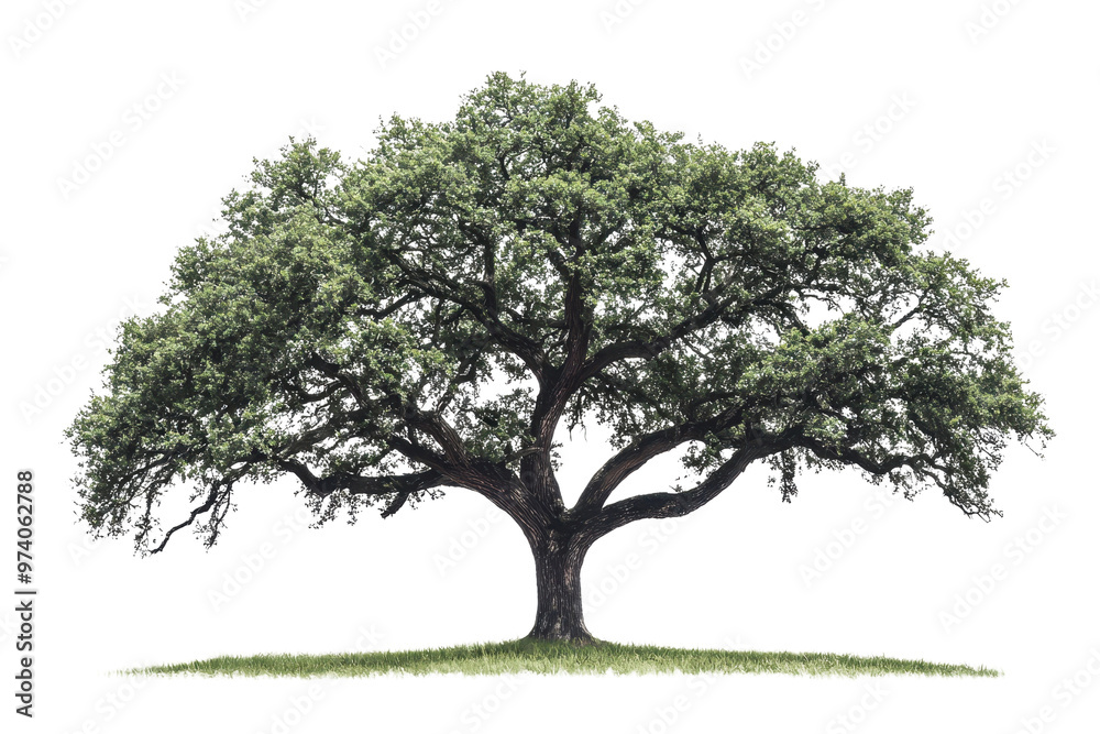 Fototapeta premium Majestic, sprawling tree with dense green foliage and thick branches extending from a sturdy trunk, isolated on a transparent background.