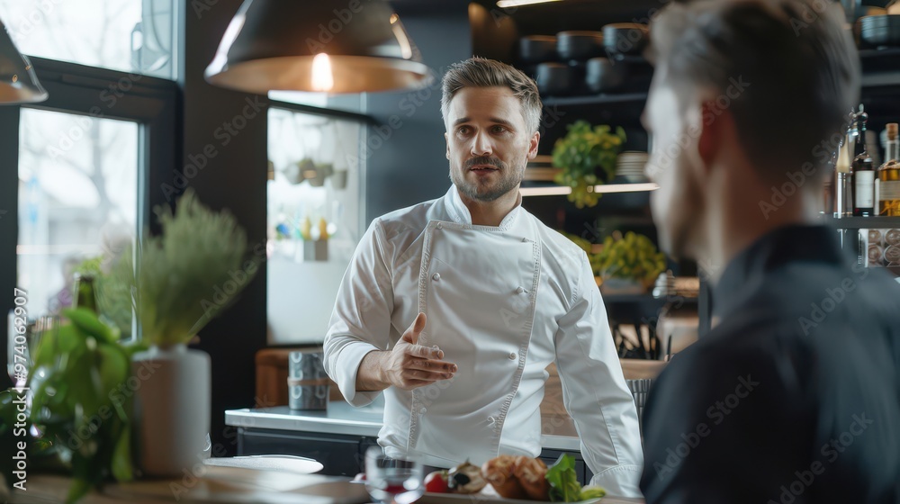Chef discussing menu innovation with potential investors in a sleek urban restaurant Chef discussing menu innovation with potential investors in a sleek urban restaurant