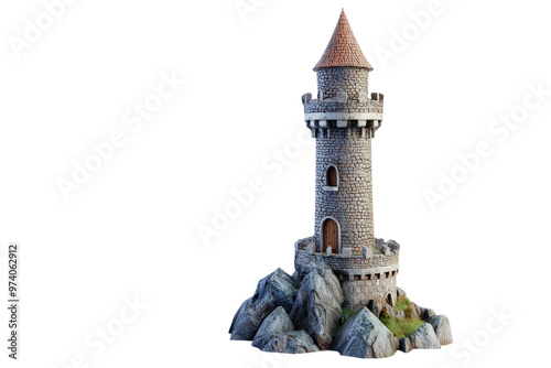 Medieval stone tower perched on rocky terrain, featuring a conical rooftop, represents ancient architecture and historical fortification.