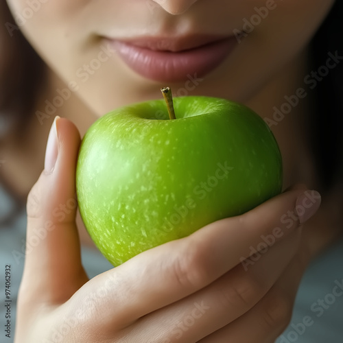 Close-up of a young woman holding a green apple fruit, healthy concept, healthy lifestyle