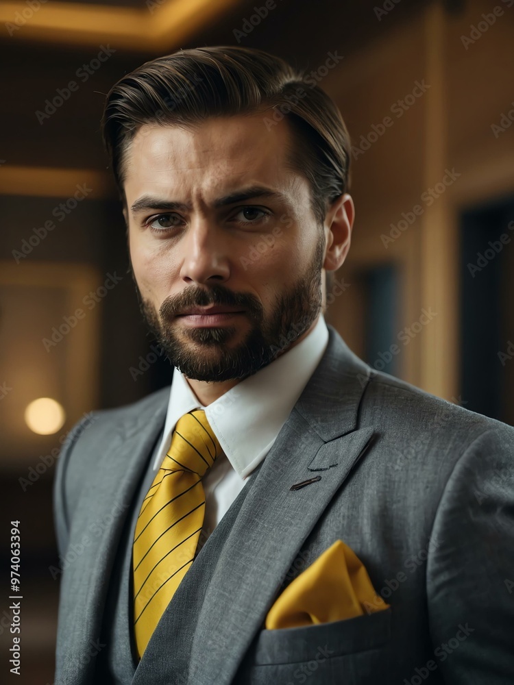 Stylish man in a gray suit with a yellow tie indoors Stylish man in a gray suit with a yellow tie indoors