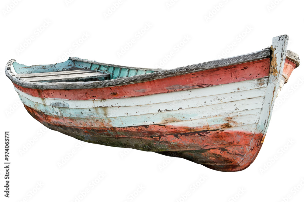 Old wooden boat with peeling paint and rustic charm, isolated on transparent background. Perfect for maritime, nautical, and vintage-themed projects. Old wooden boat with peeling paint and rustic charm, isolated on transparent background. Perfect for maritime, nautical, and vintage-themed projects.