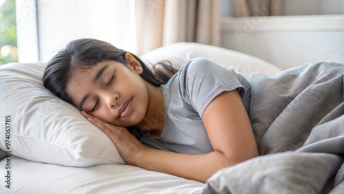 Indian Teenage Girl Sleeping - Teenage girl lying comfortably with soft bedding.
 photo