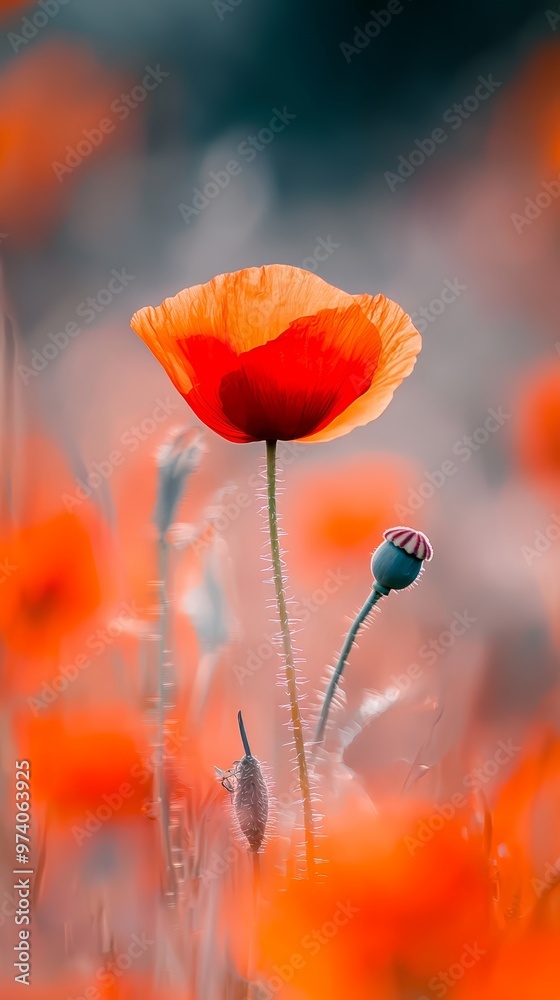 Obraz premium A solitary orange flower blooms in the heart of a field, surrounded by tall grasses Oranges blossoms populate the foreground