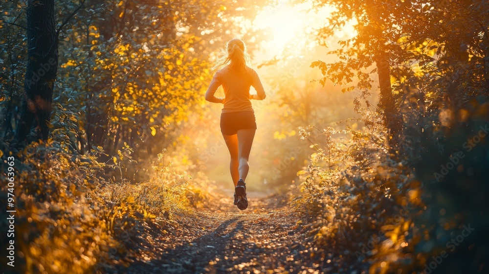 Woman Running Through Forest at Sunset Woman Running Through Forest at Sunset