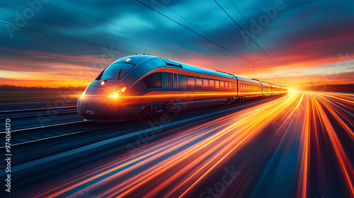 A train is traveling down a track with a sunset in the background