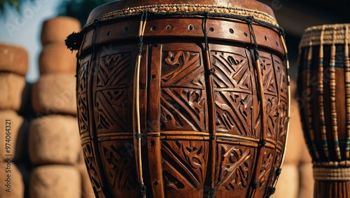 Traditional djembe drum with intricate carvings, ultra HD photo