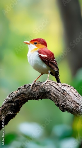  A small red-and-white bird perches on a tree branch against a backdrop of lush green leaves