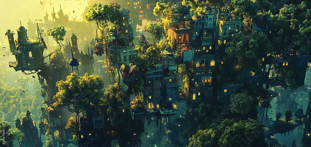 A vibrant birds-eye view of an urban landscape seamlessly blending into a fantastical world A vibrant birds-eye view of an urban landscape seamlessly blending into a fantastical world