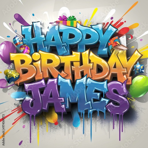 Happy birthday James poster, with colorful letters and balloons in various sizes scattered around, creating a festive and joyful atmosphere.