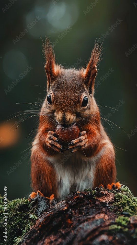 A red squirrel sits atop a moss-covered tree trunk, nibbling on an acorn A red squirrel sits atop a moss-covered tree trunk, nibbling on an acorn