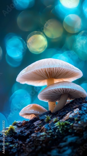  A cluster of mushrooms atop a tree branch against a backdrop of blue and green light