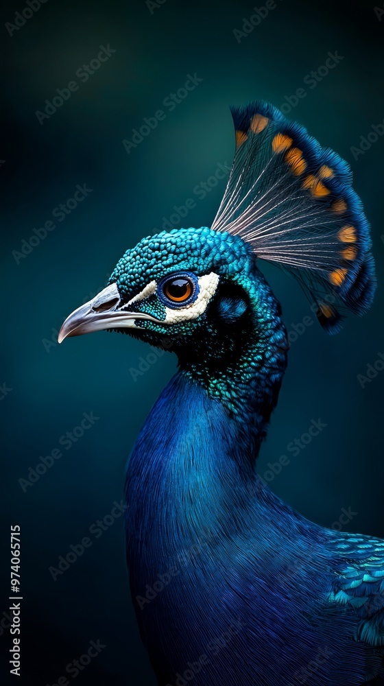 A tight shot of a blue bird against a black backdrop, distinctively featuring a yellow and black feather on its head A tight shot of a blue bird against a black backdrop, distinctively featuring a yellow and black feather on its head