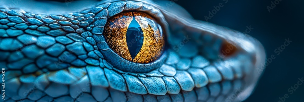 Fototapeta premium A tight shot of a snake's eye against a black backdrop, its body displaying a blue-yellow pattern