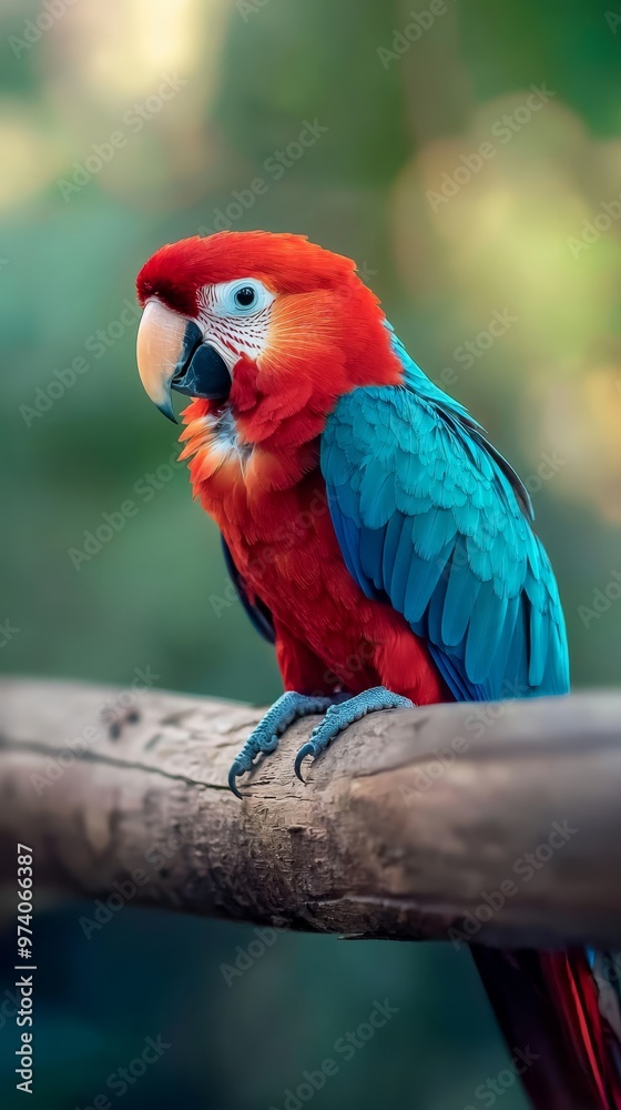 Obraz premium A red-and-blue parrot perches on a tree branch against a hazy backdrop of trees