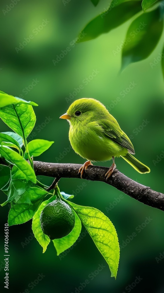 Obraz premium A small green bird perches on a leafy tree branch, holding a green apple against its backdrop