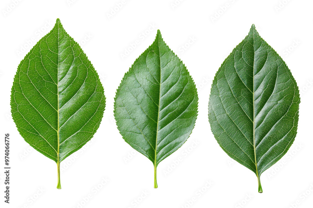 Three green leaves isolated on a transparent background. showcasing their natural beauty and intricate details.