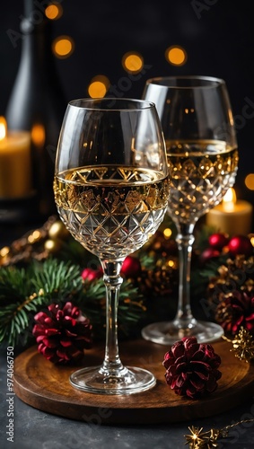 Wine glasses with festive decorations.