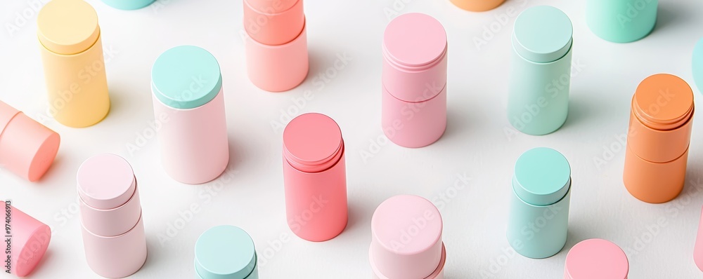 Pastel-colored cylindrical containers on a white surface in minimalistic arrangement Pastel-colored cylindrical containers on a white surface in minimalistic arrangement