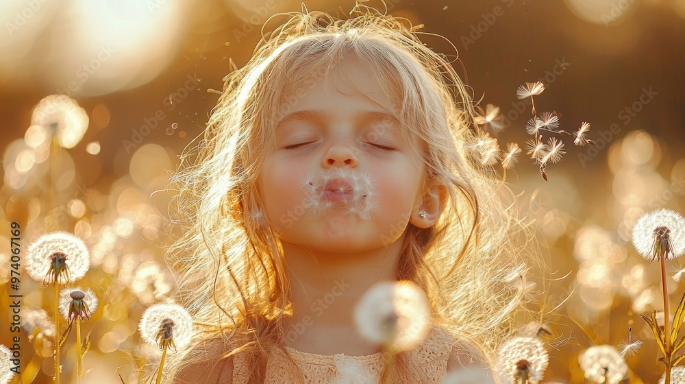 Little Girl Blowing Dandelion Seeds in Summer Meadow Little Girl Blowing Dandelion Seeds in Summer Meadow