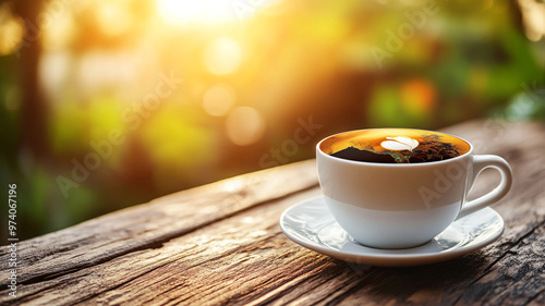 Celebrating International Coffee Day with a warm cup of coffee at sunrise in a serene setting