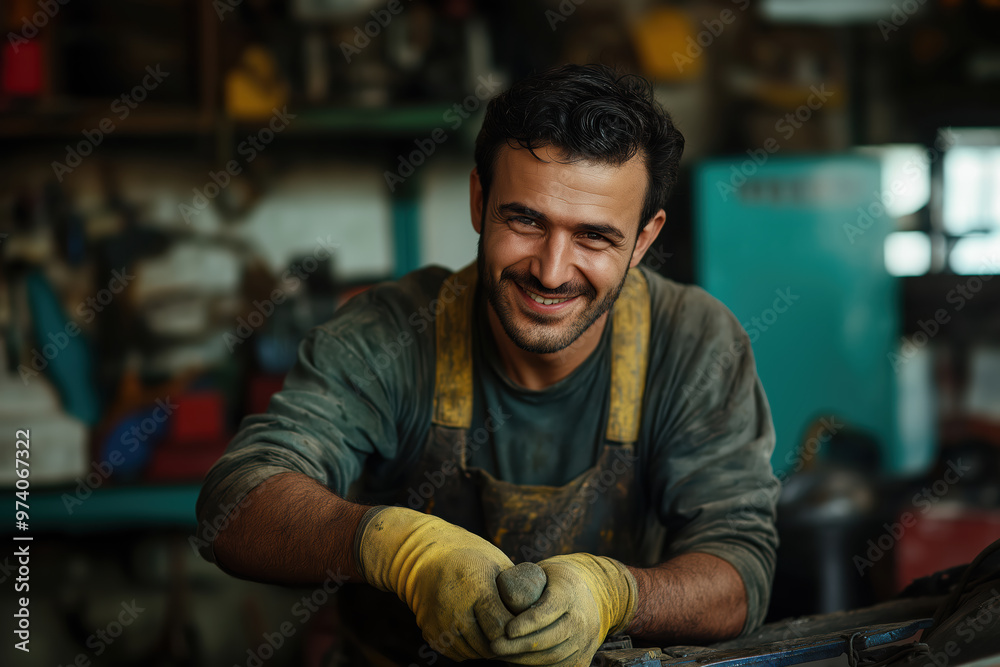 A man with a big smile is wearing a green shirt and yellow gloves A man with a big smile is wearing a green shirt and yellow gloves