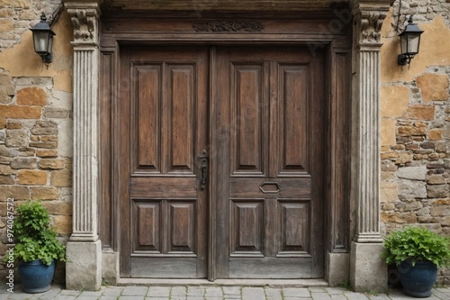 Closed antique door of an ancient house