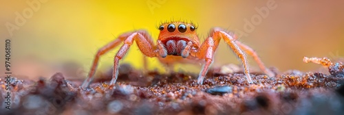  A tight shot of a tiny orange spider on a slice of wood, with droplets of water clinging to its faceted eyes photo