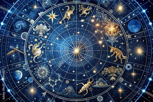 Wallpaper Mural Celestial chart illustrating twinkling stars and mythical figures amidst dark blue background, connecting dots to form Torontodigital.ca